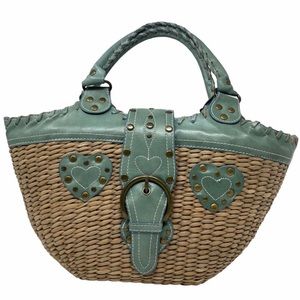 Scala Straw Leather Purse Tote Bag Teal